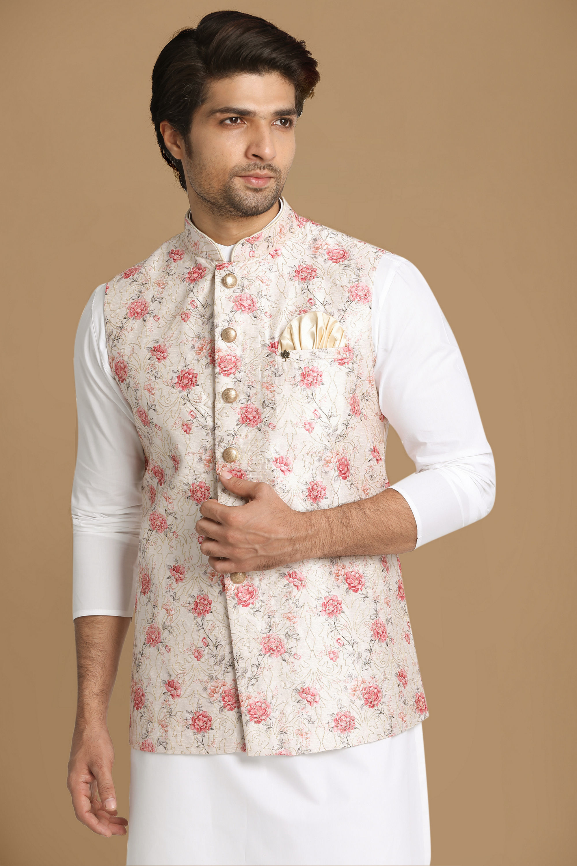 Manyavar Men Beige Jacket With Pink Floral Motifs