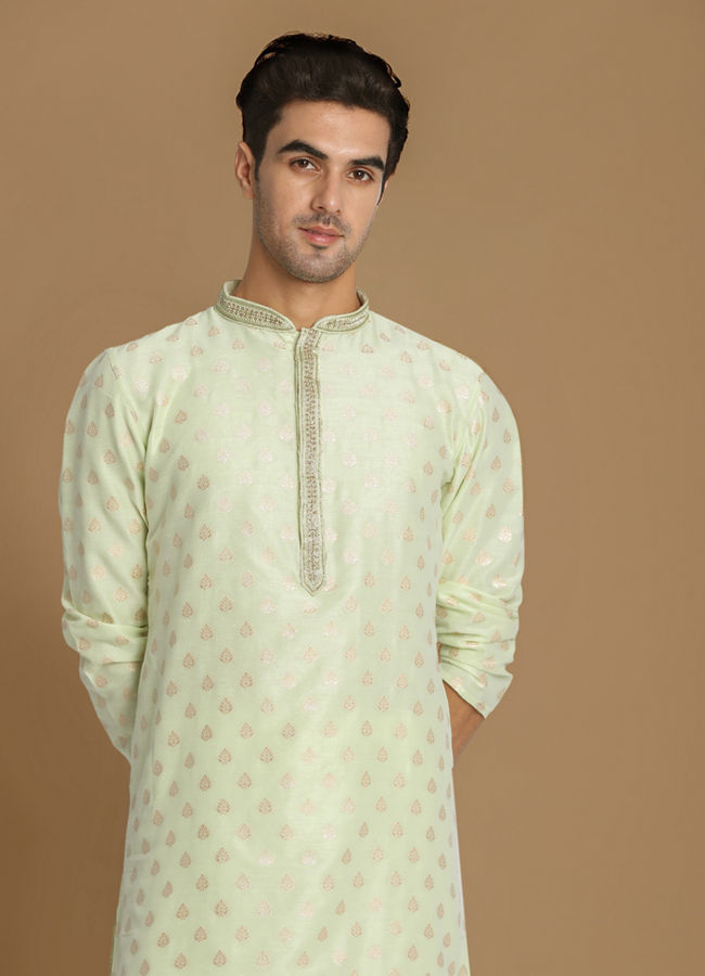 Manyavar Men Pastel Green Self Leaf Motif Kurta Set