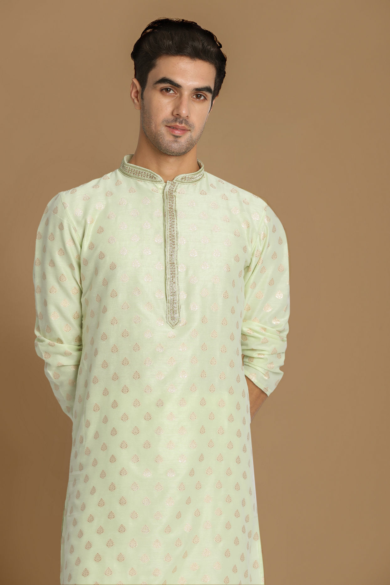 Manyavar Men Pastel Green Self Leaf Motif Kurta Set