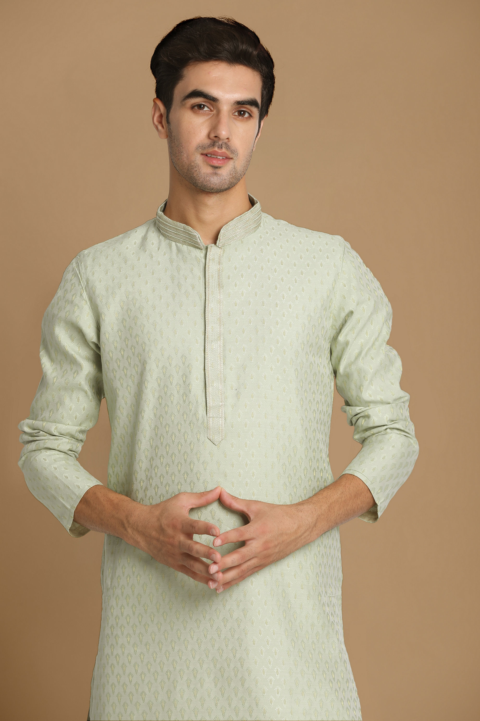 Manyavar Men Aqua Green Jaquard Kurta Pajama