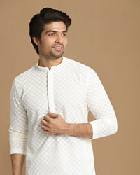 Manyavar Men Sea Shell White Embroidered Kurta Pajama