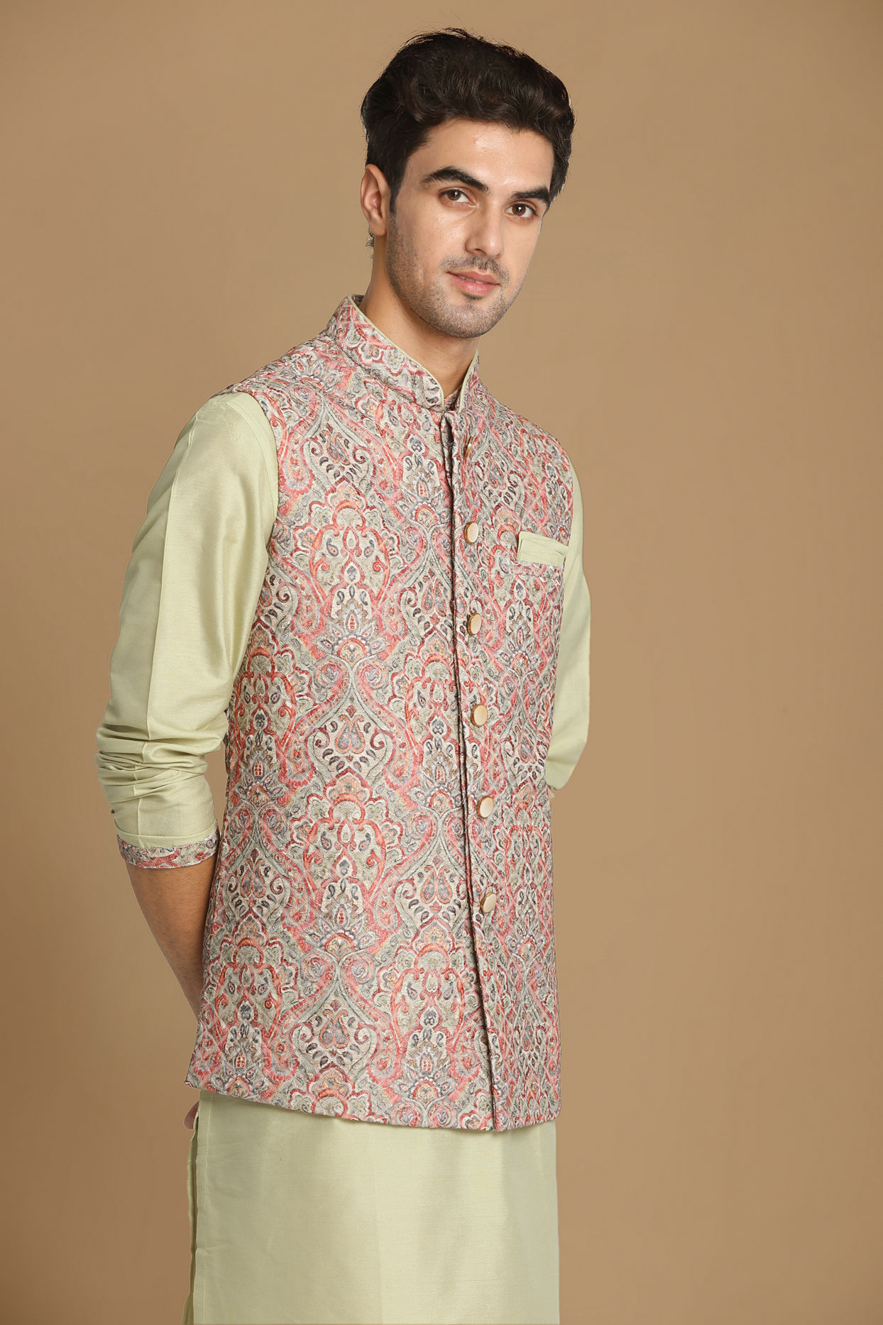 Manyavar Men Multicolored Jacket With Lime Green Kurta Set image number 0