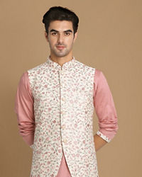 Manyavar Men Cream And Pink Kurta Jacket Set