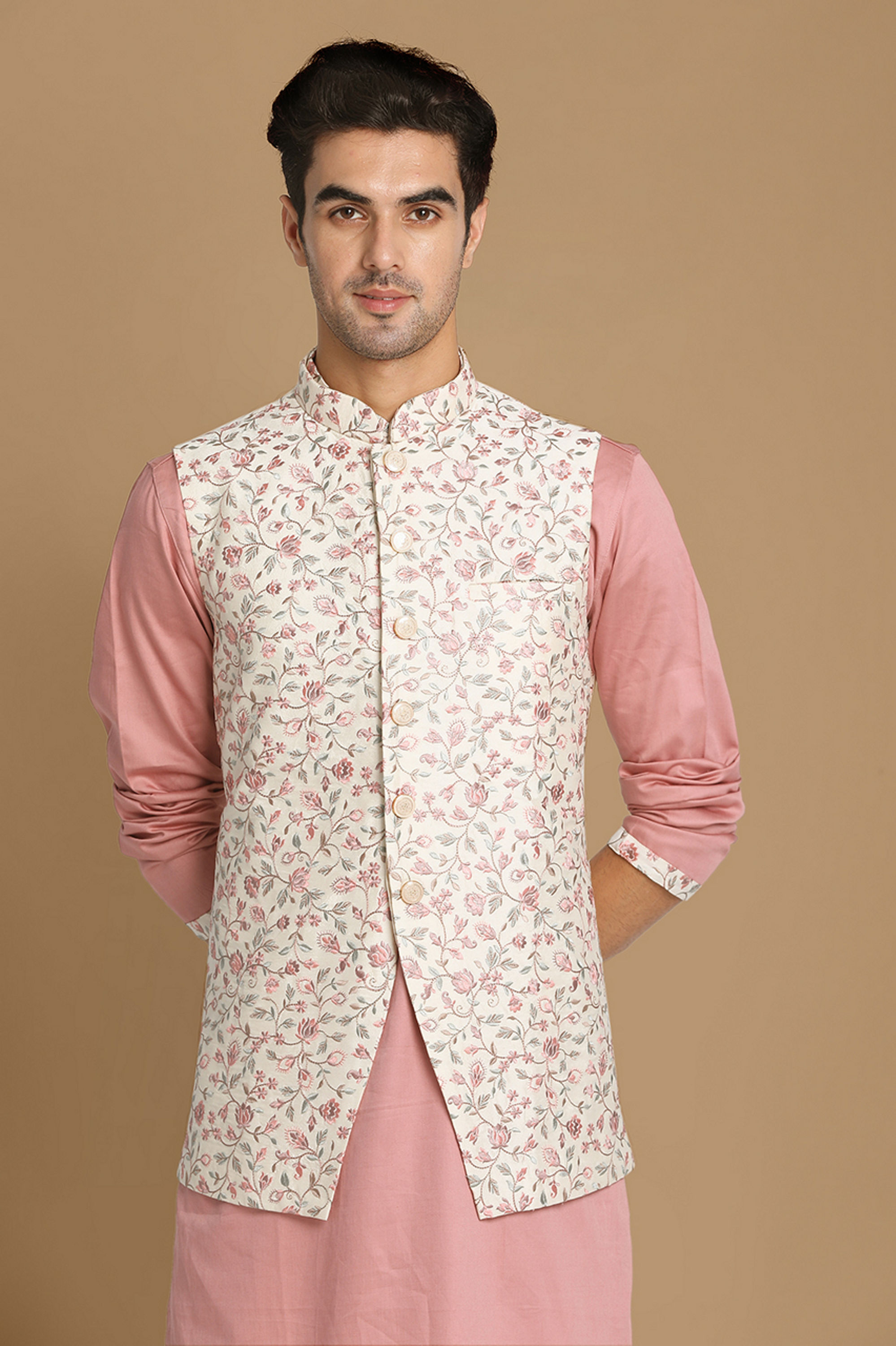 Manyavar Men Cream And Pink Kurta Jacket Set