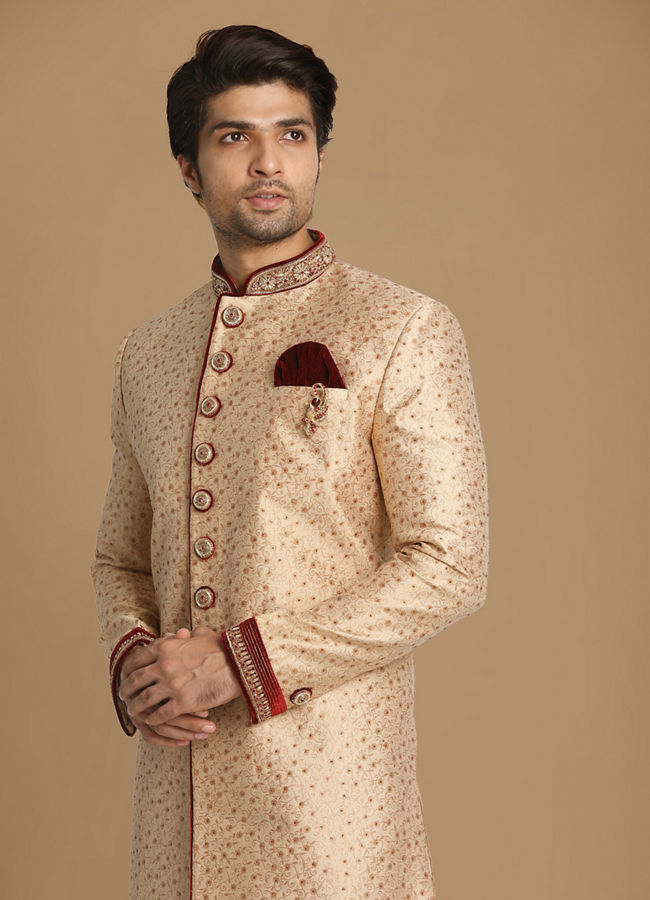 Manyavar Men Fashionable Fawn Indo Western Set