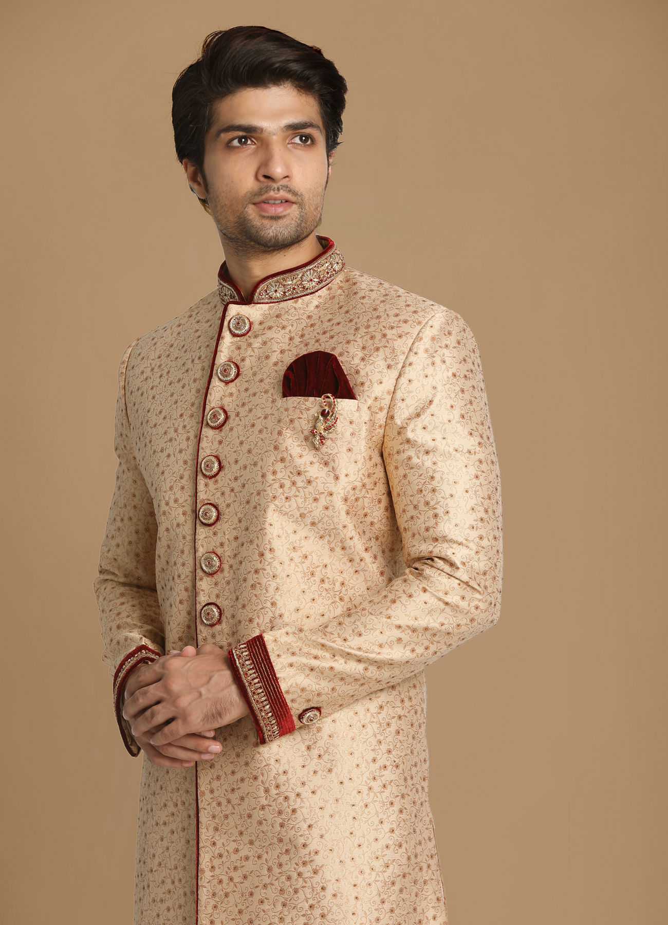 Manyavar Men Fashionable Fawn Indo Western Set