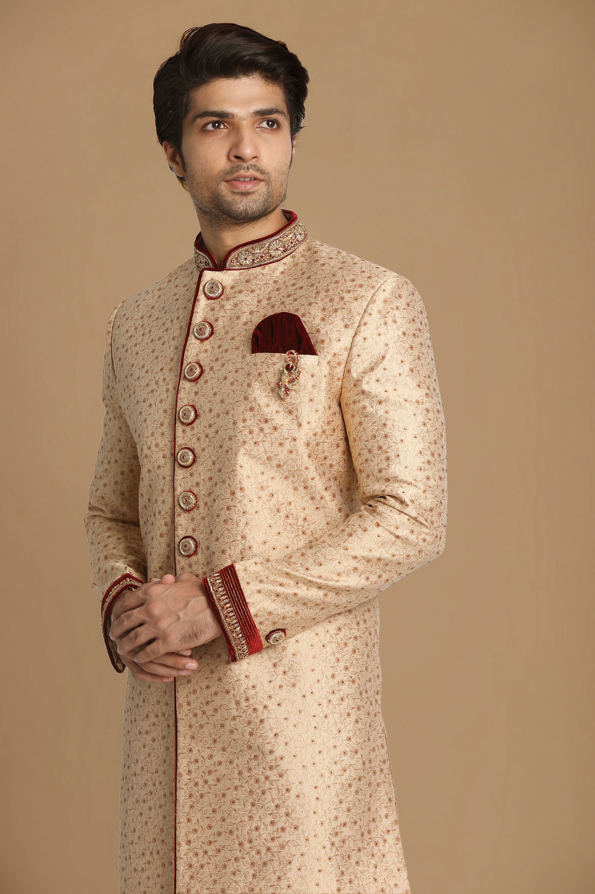 Manyavar Men Fashionable Fawn Indo Western Set