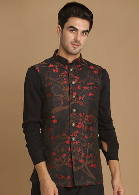 alt message - Manyavar Men Dark Blue Cherry Blossom Kurta Jacket image number 0