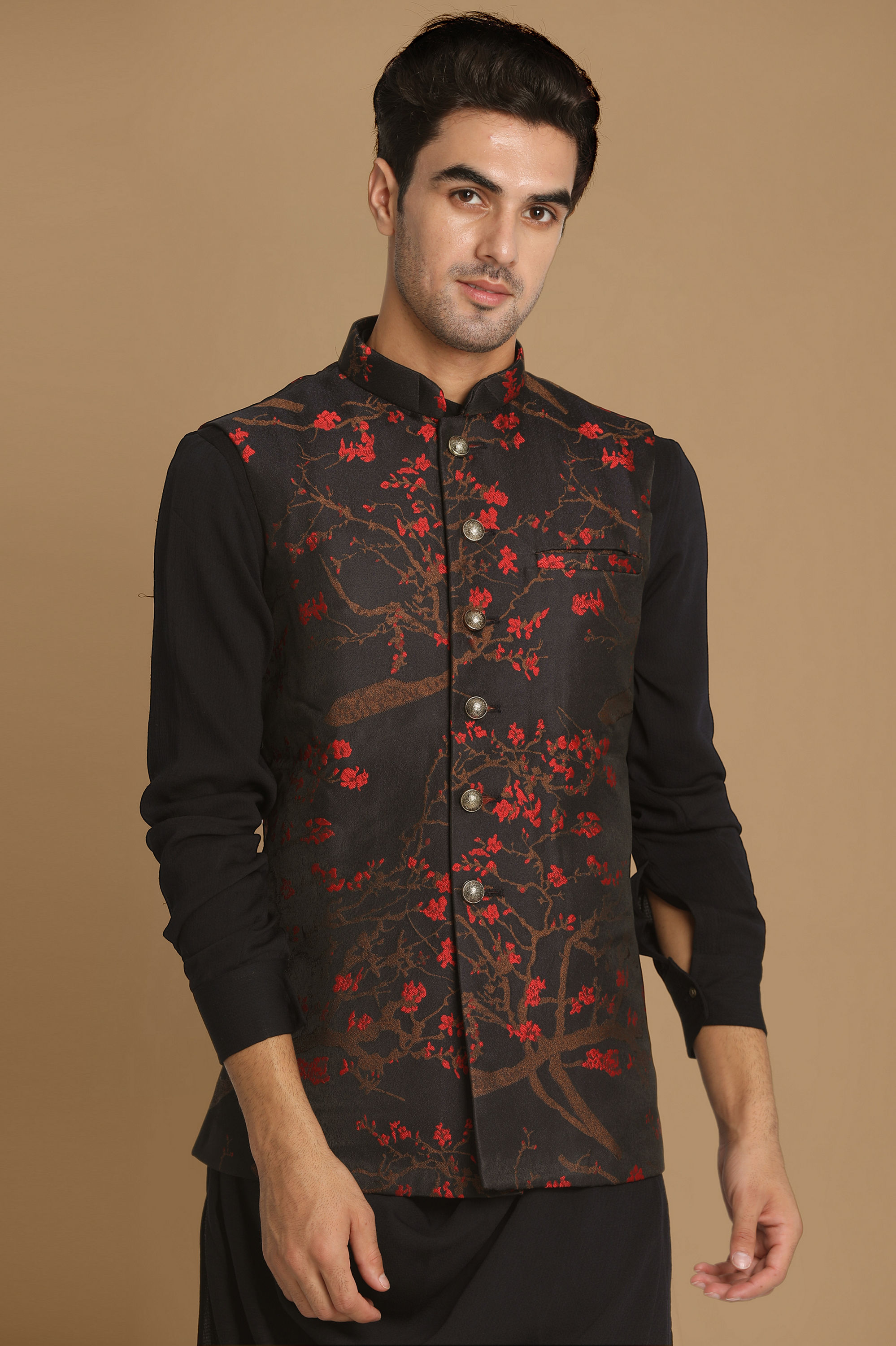 Manyavar Men Dark Blue Cherry Blossom Kurta Jacket