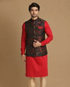 alt message - Manyavar Men Mesmerizing Red And Blue Kurta Jacket Set image number 1