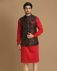 Manyavar Men Mesmerizing Red And Blue Kurta Jacket Set