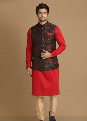 alt message - Manyavar Men Mesmerizing Red And Blue Kurta Jacket Set image number 1