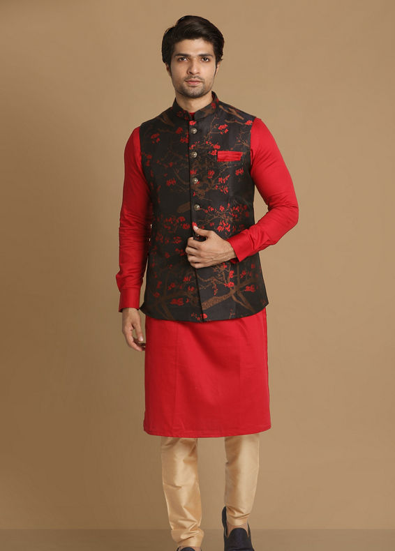Manyavar Men Mesmerizing Red And Blue Kurta Jacket Set