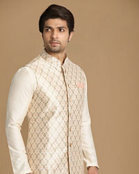 Manyavar Men Ivory Festive Kurta Jacket With Printed Motifs