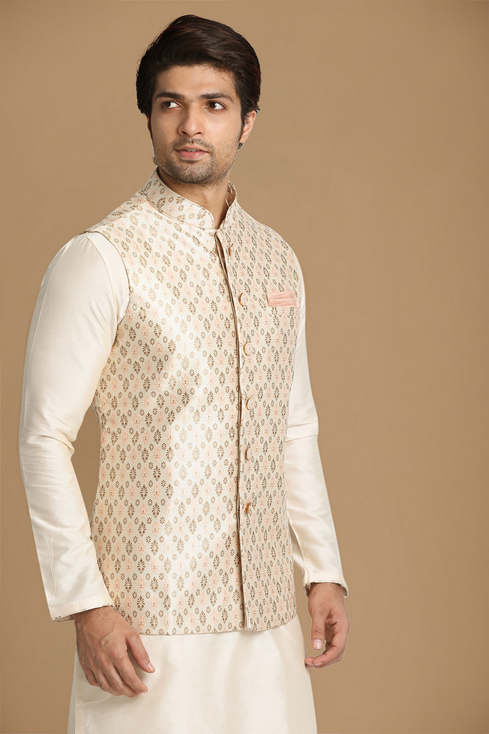 Manyavar Men Ivory Festive Kurta Jacket With Printed Motifs