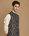 Manyavar Men Floral Print Blue Jacket With White Kurta Pajama
