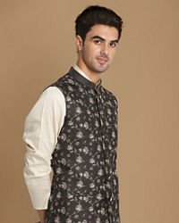 Manyavar Men Floral Print Blue Jacket With White Kurta Pajama