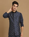 alt message - Manyavar Men Denim Blue Festive Kurta Jacket With White Pajama image number 0