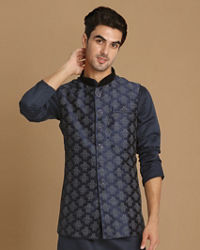 Manyavar Men Denim Blue Festive Kurta Jacket With White Pajama