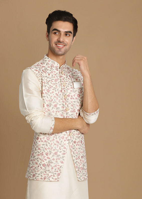 Manyavar Men Classic Floral Print Jacket Kurta Set