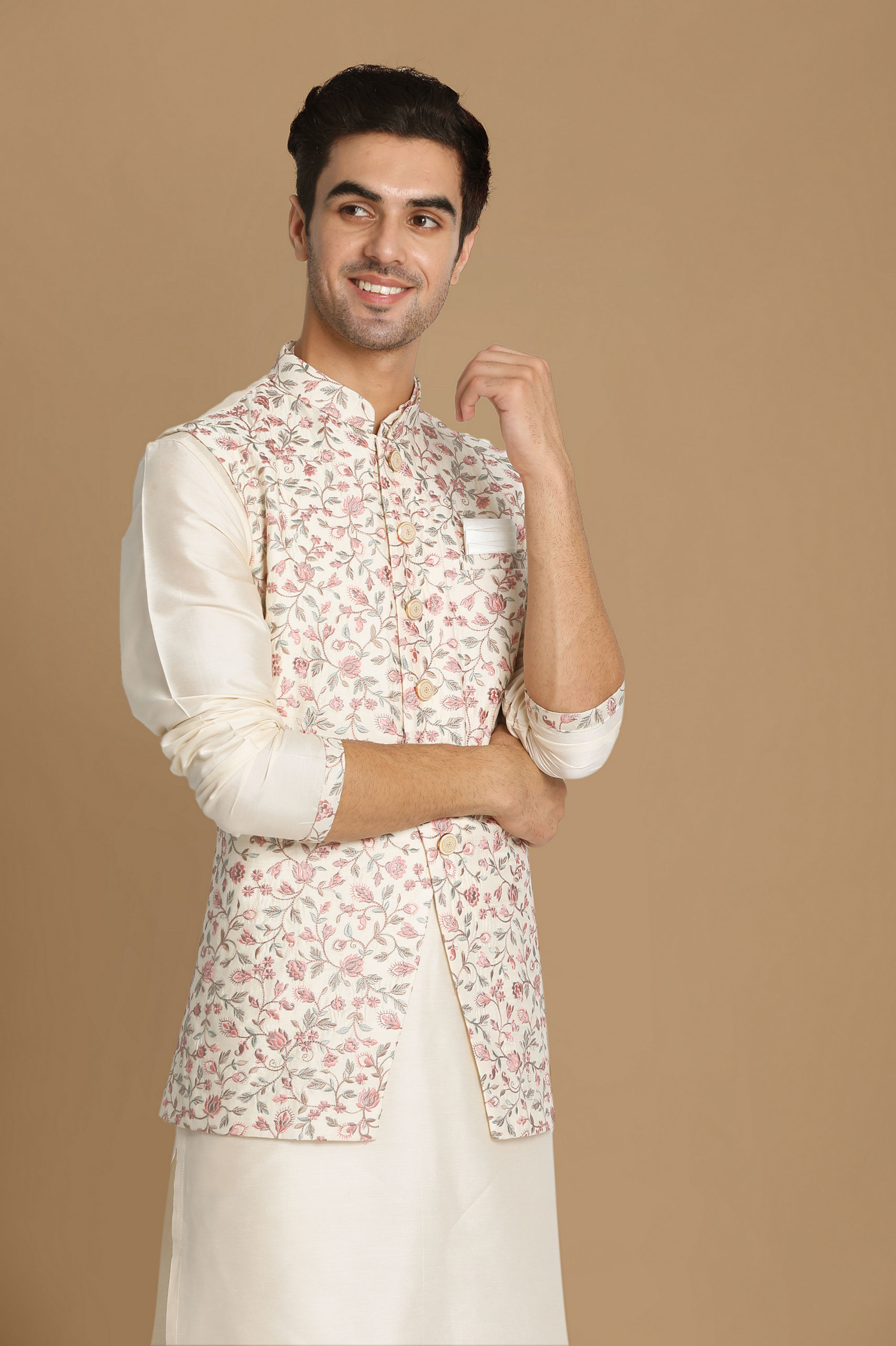 Manyavar Men Classic Floral Print Jacket Kurta Set