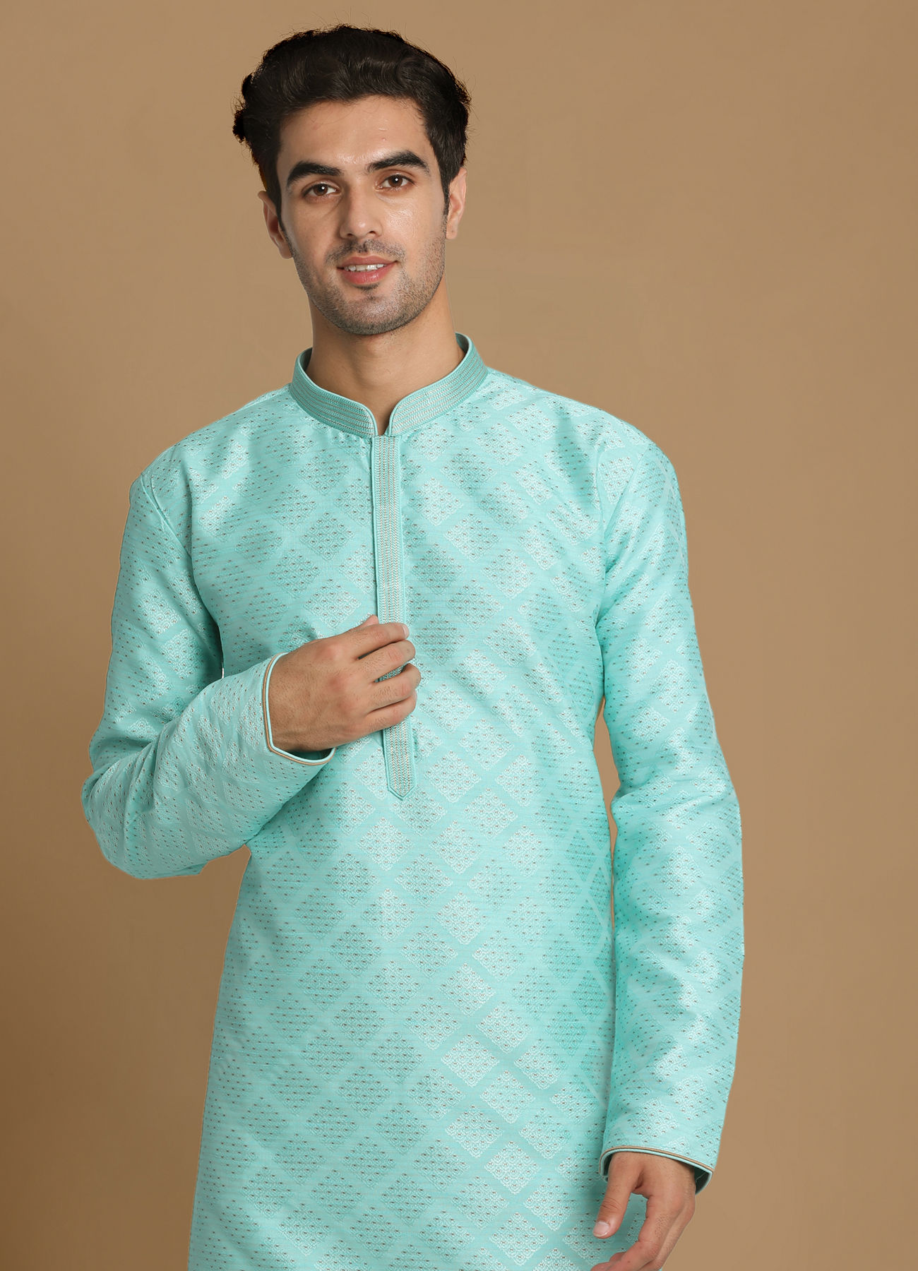 Manyavar Men Sea Green Jaquard Kurta Set