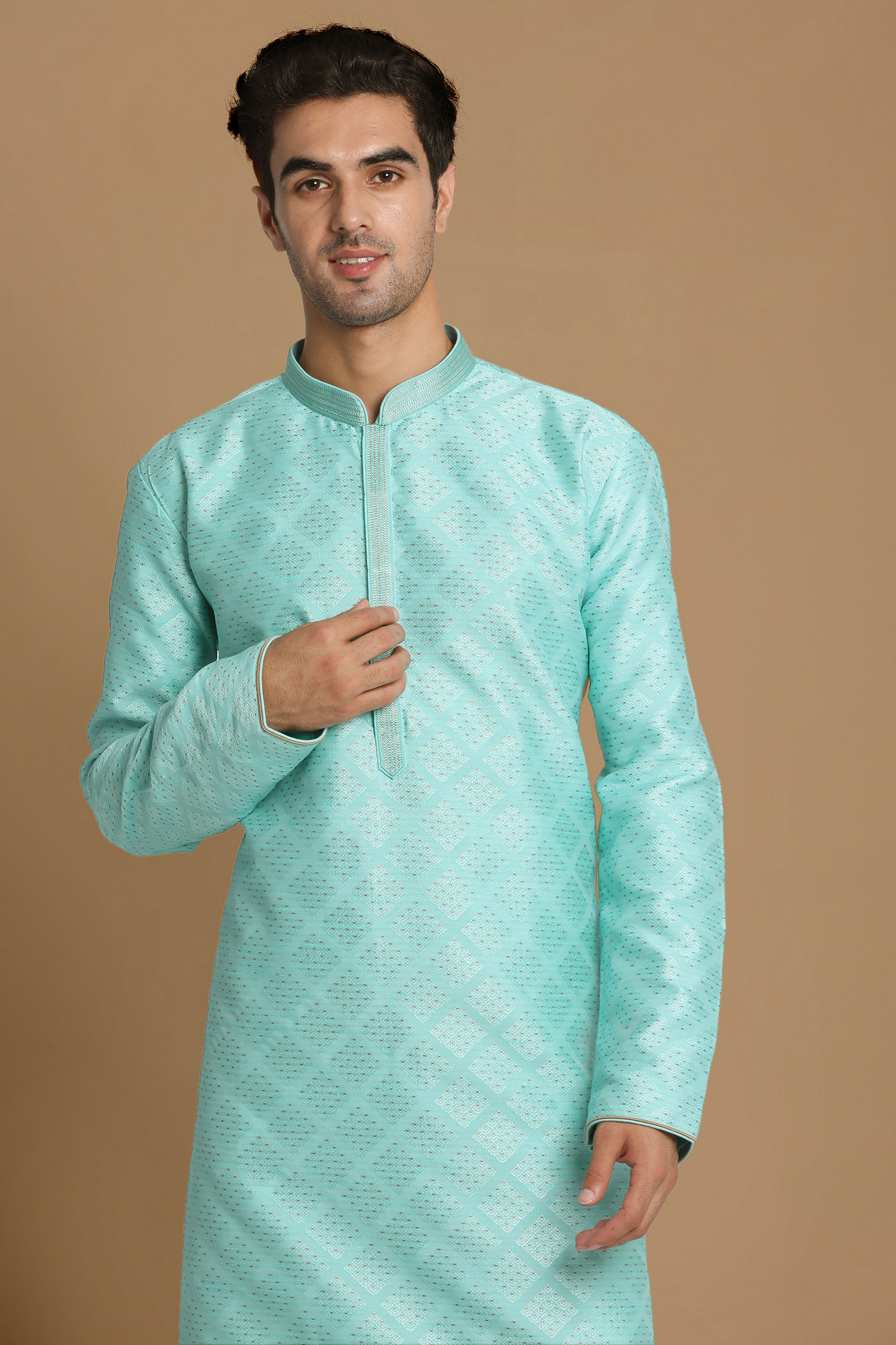Manyavar Men Sea Green Jaquard Kurta Set