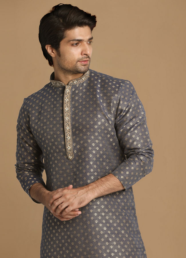 Manyavar Men Indigo Blue Booti Work Kurta Set image number 0