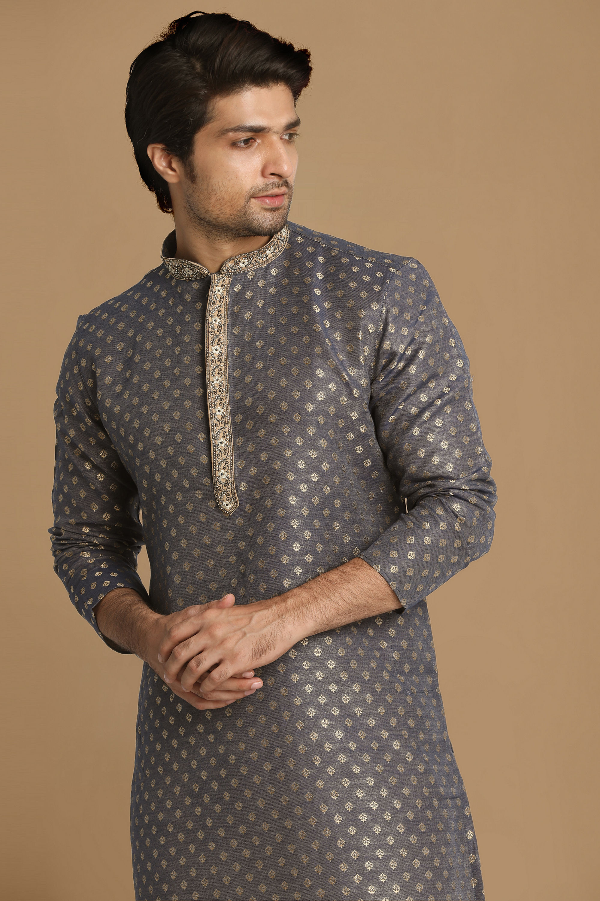 Manyavar Men Indigo Blue Booti Work Kurta Set