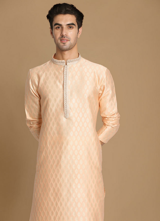 Manyavar Men Light Peach Self Motif Kurta Set image number 0