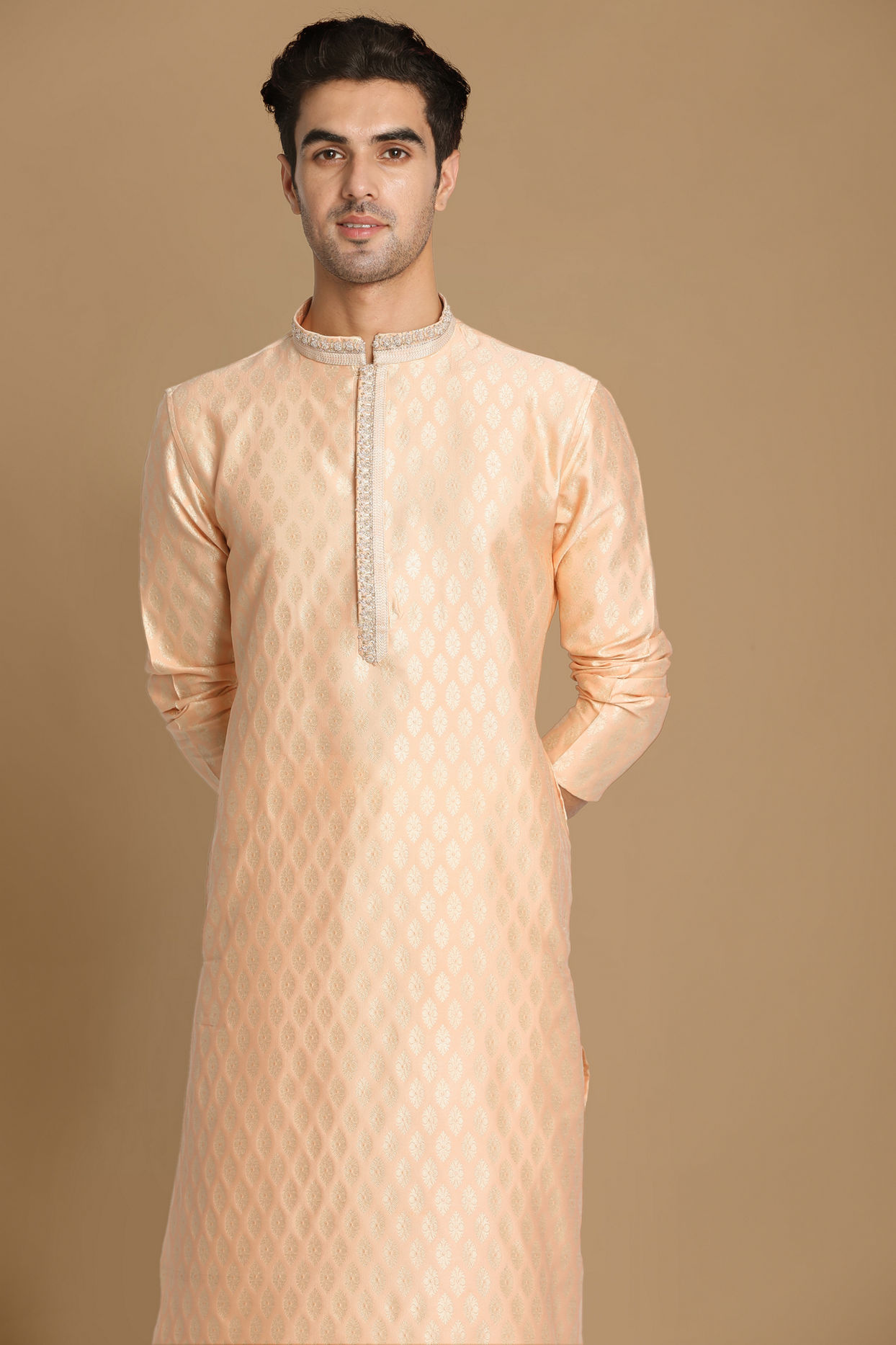 Manyavar Men Light Peach Self Motif Kurta Set image number 0