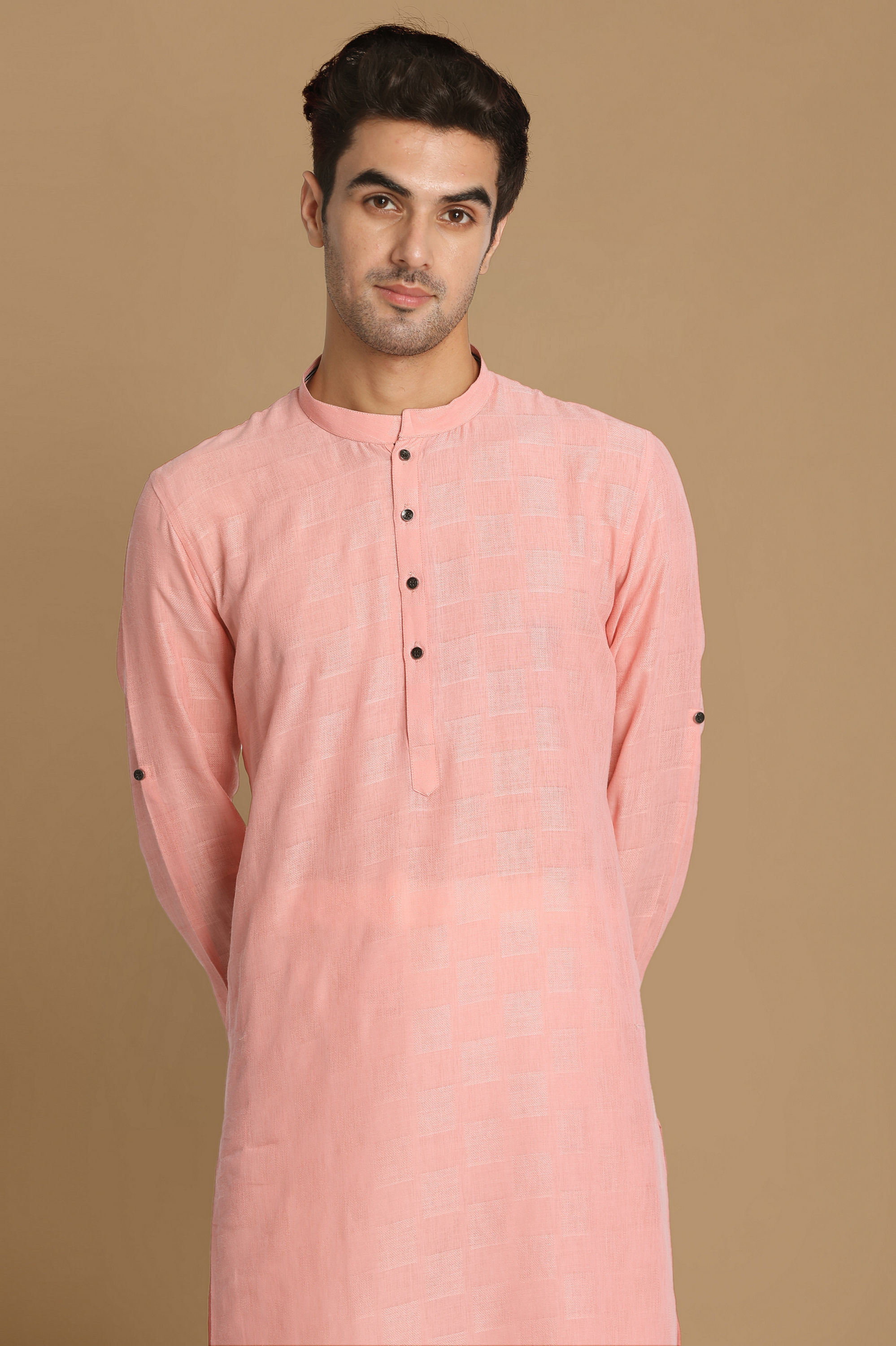 Manyavar Men Salmon Pink Self Chequered Kurta