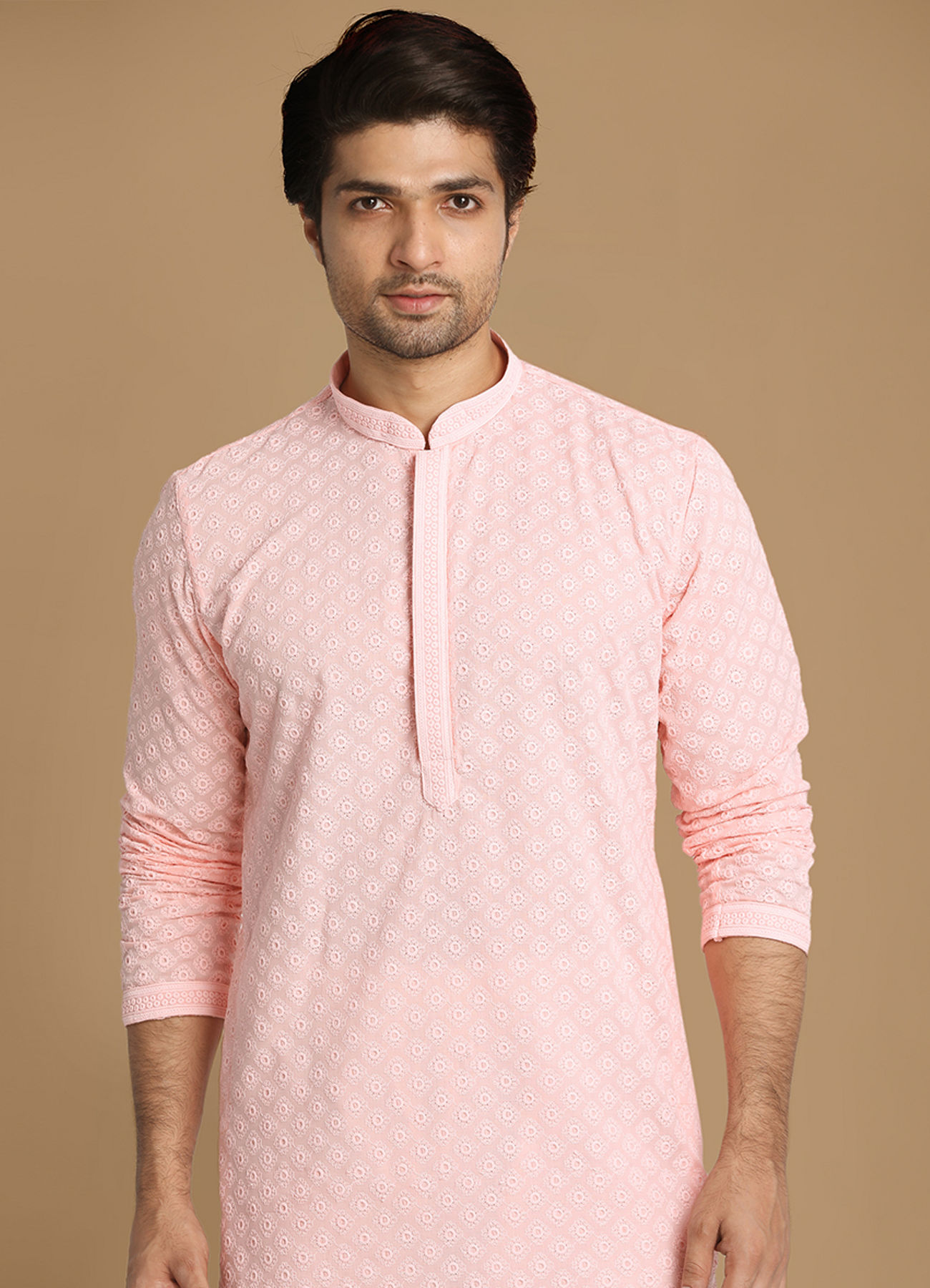 Manyavar Men Light Pink Chikankari Kurta Set