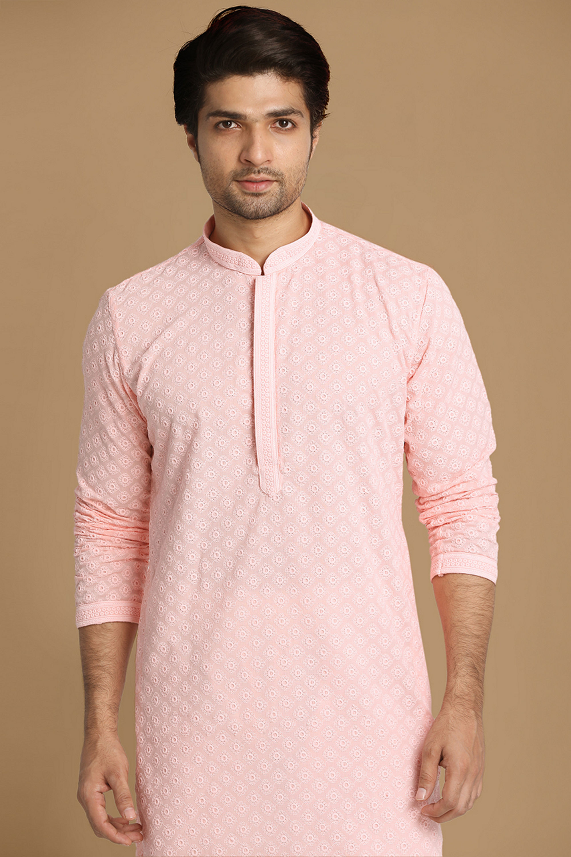 Manyavar Men Light Pink Chikankari Kurta Set