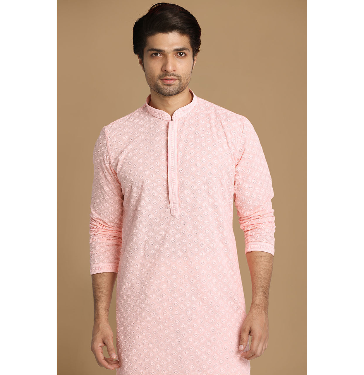 Manyavar Men Light Pink Chikankari Kurta Set