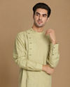 alt message - Manyavar Men Faded Green Side Open Self Design Kurta image number 0