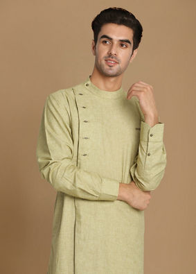 alt message - Manyavar Men Faded Green Side Open Self Design Kurta image number 0