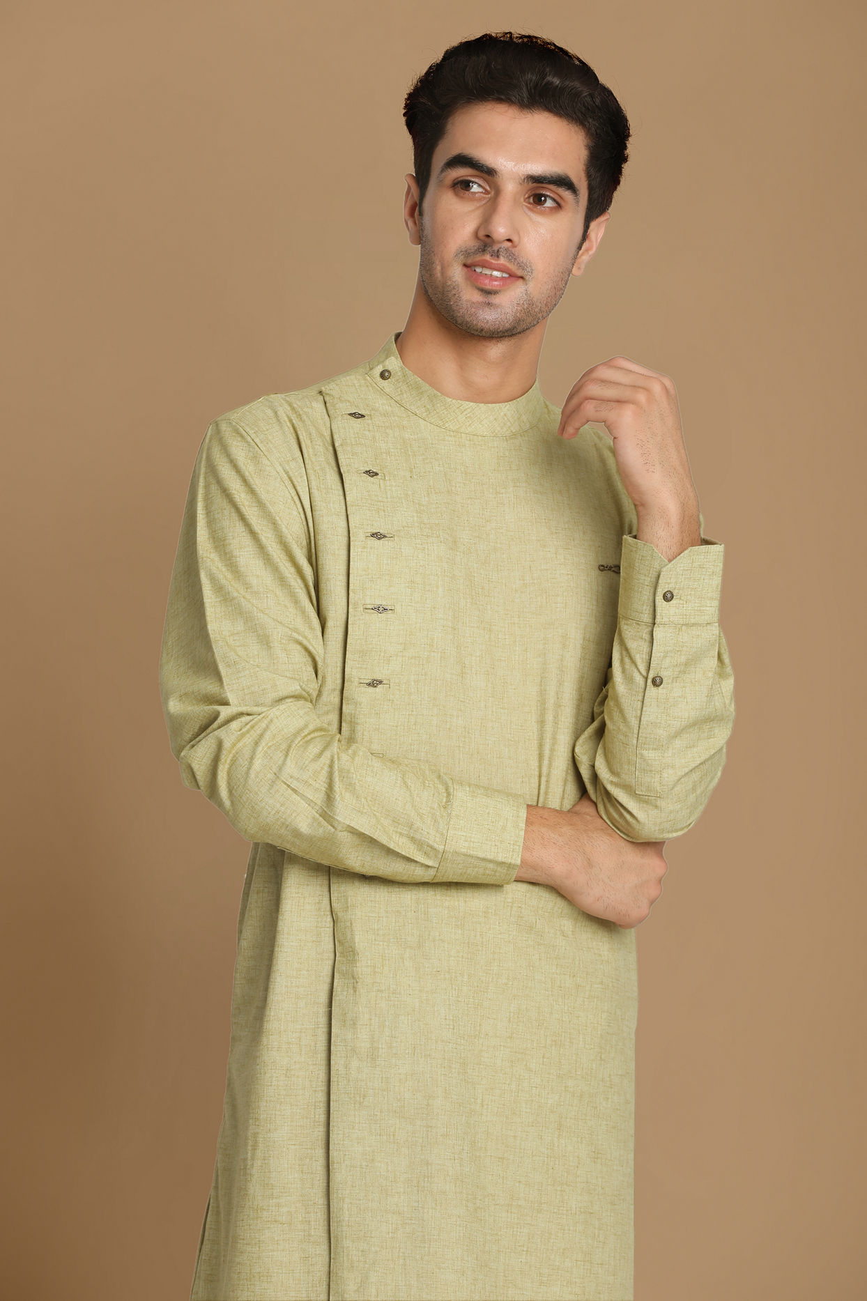 alt message - Manyavar Men Faded Green Side Open Self Design Kurta image number 0