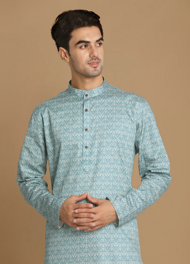 alt message - Manyavar Men Sky Blue Printed Kurta image number 0