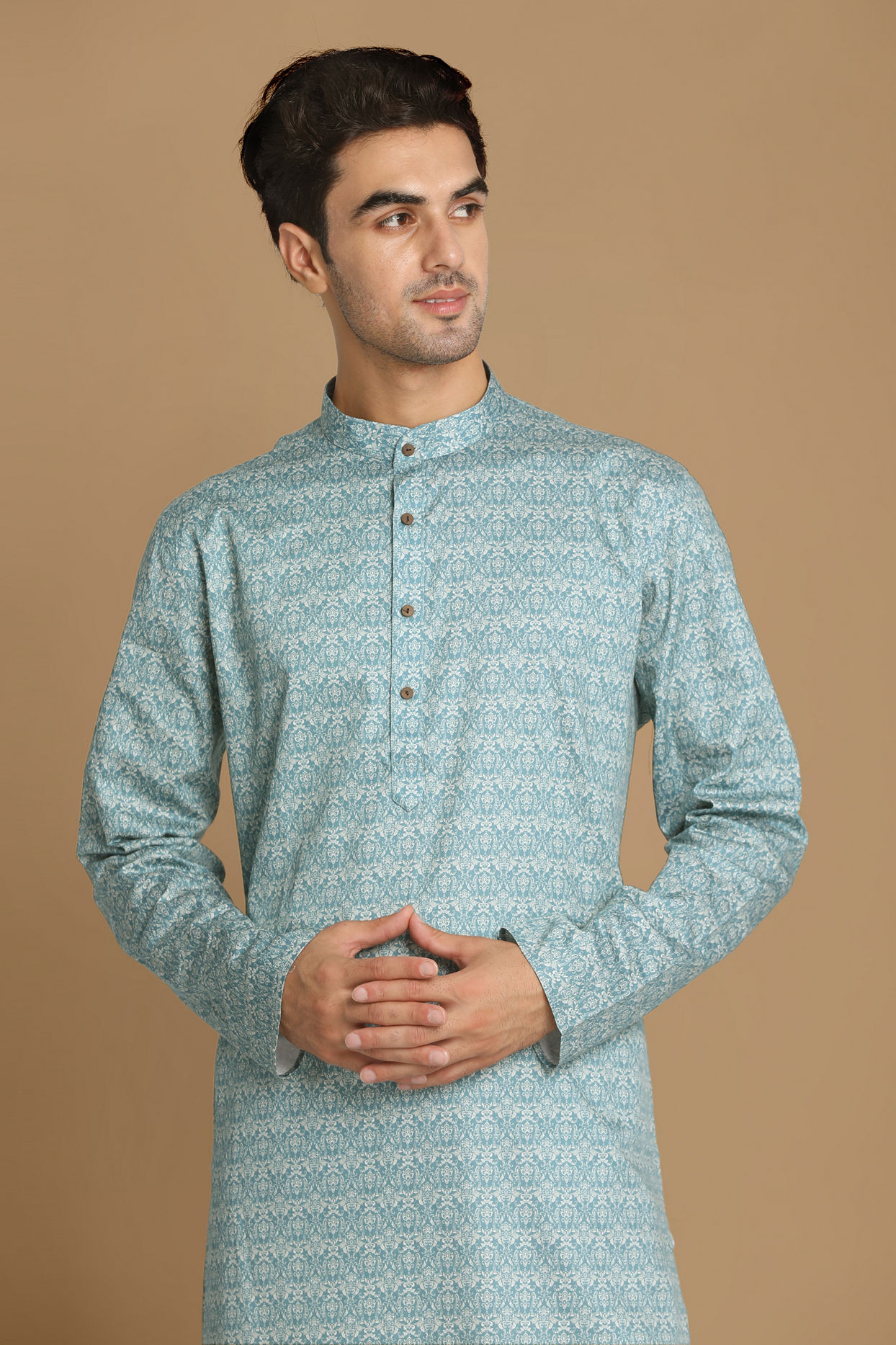 alt message - Manyavar Men Sky Blue Printed Kurta image number 0