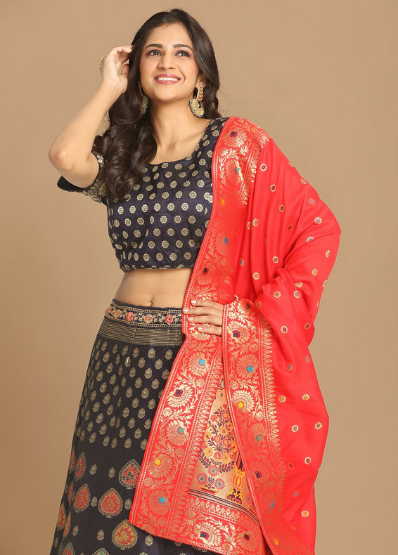 Mohey Women Brilliant Blue Weaved Benarasi Lehenga