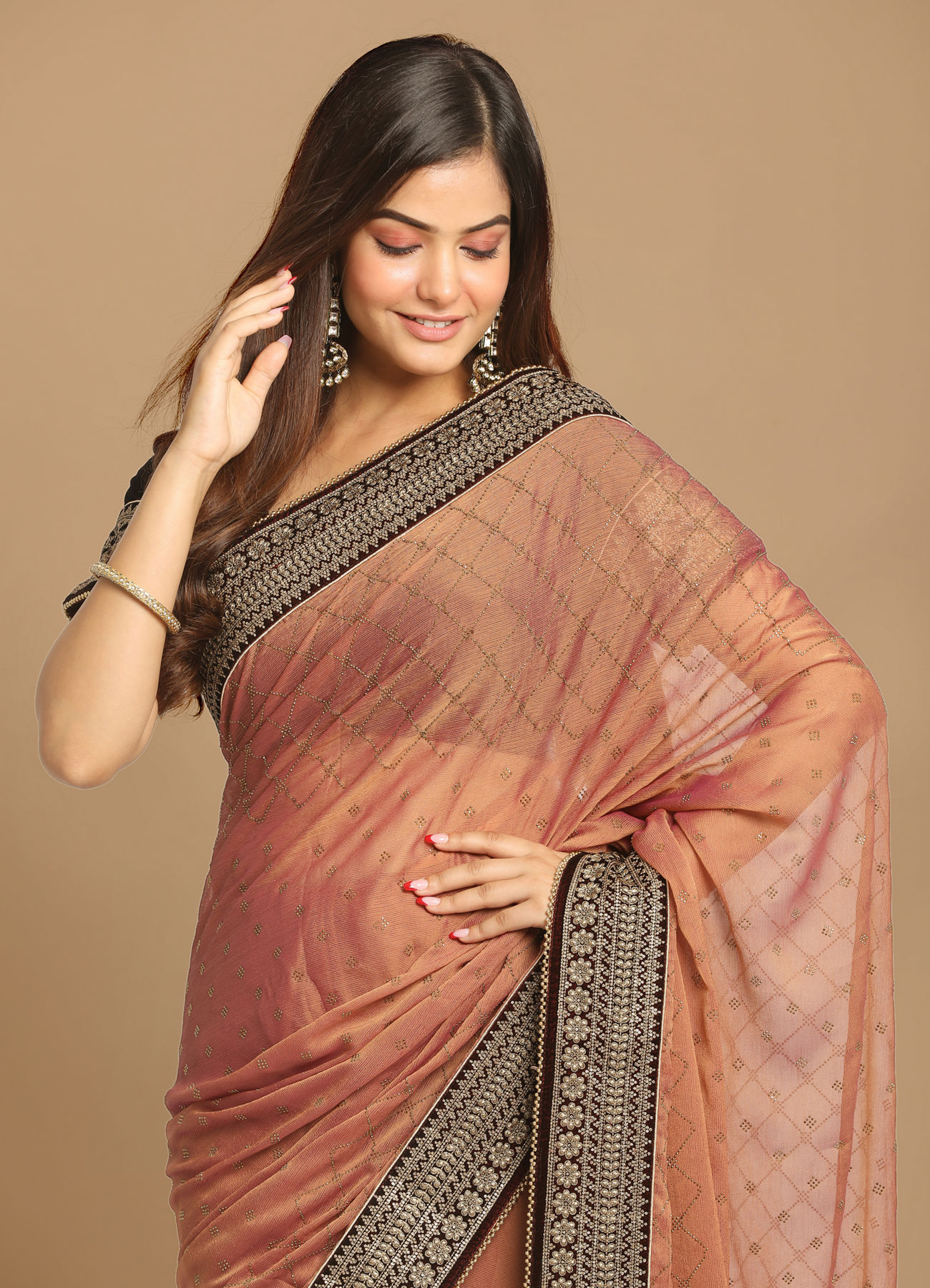 Mohey Women Delicate Peach Colour Saree