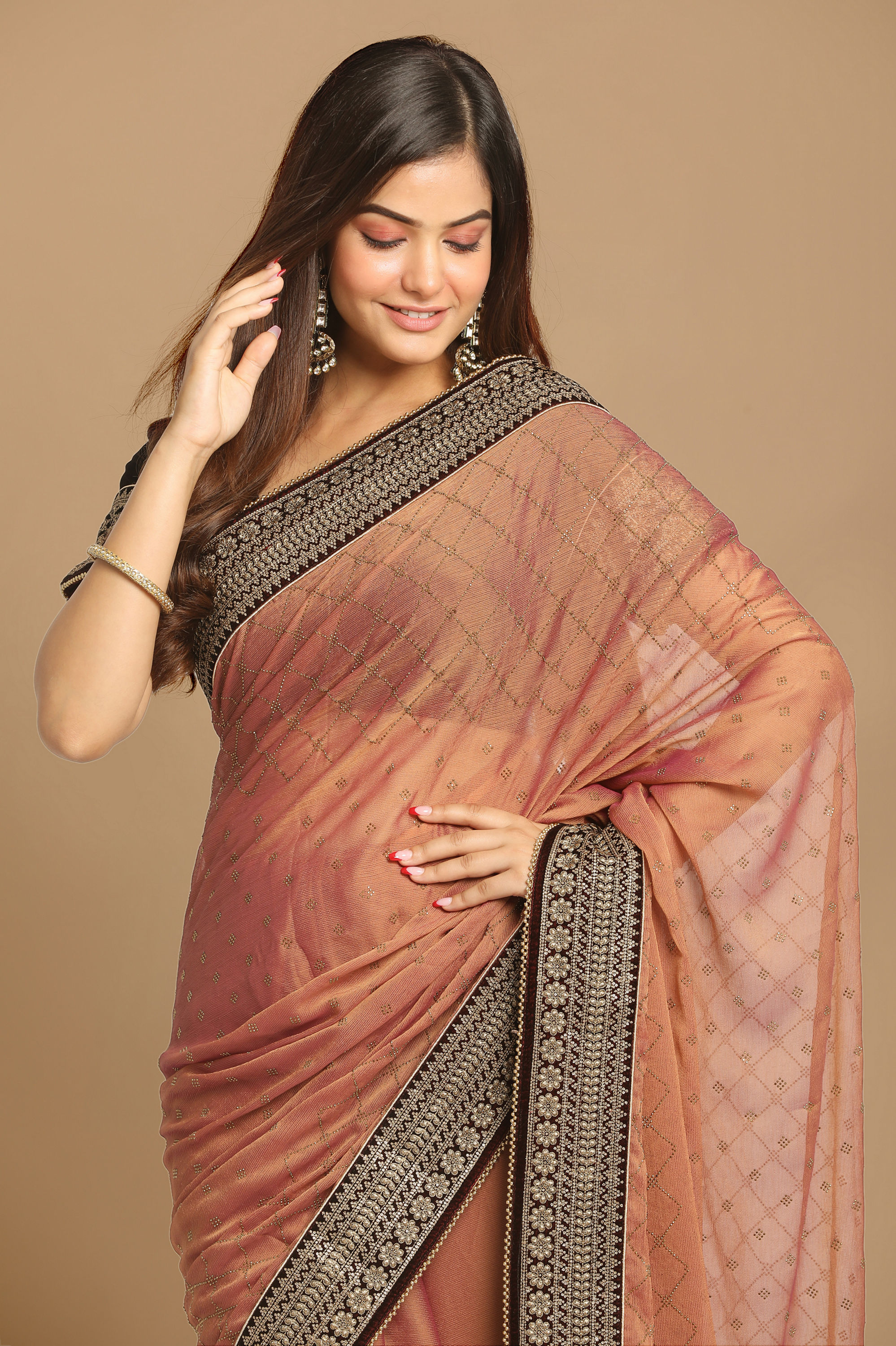 Mohey Women Delicate Peach Colour Saree