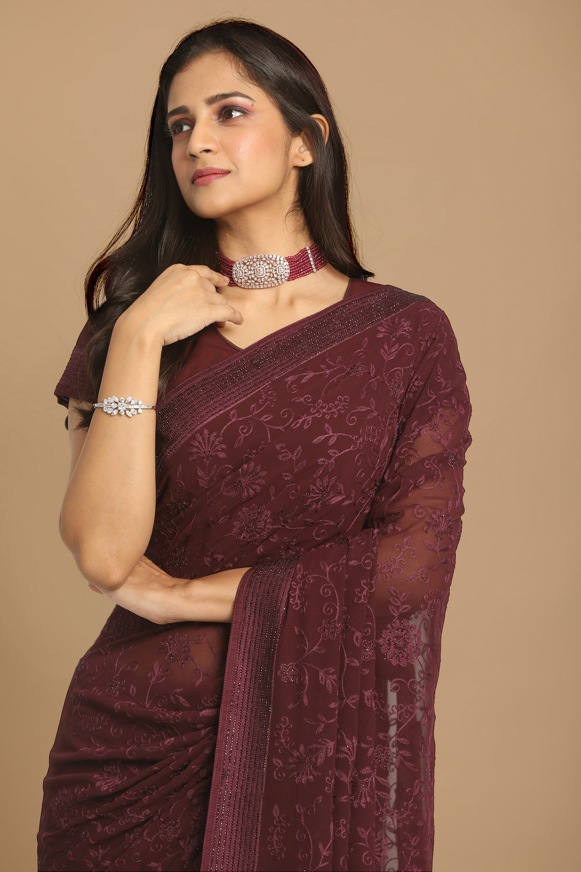 Mohey Women Coveted Wine Saree