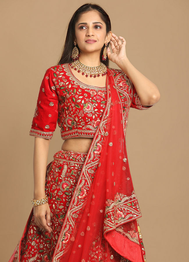 alt message - Mohey Women Red Floral Embroidered Lehenga image number 1