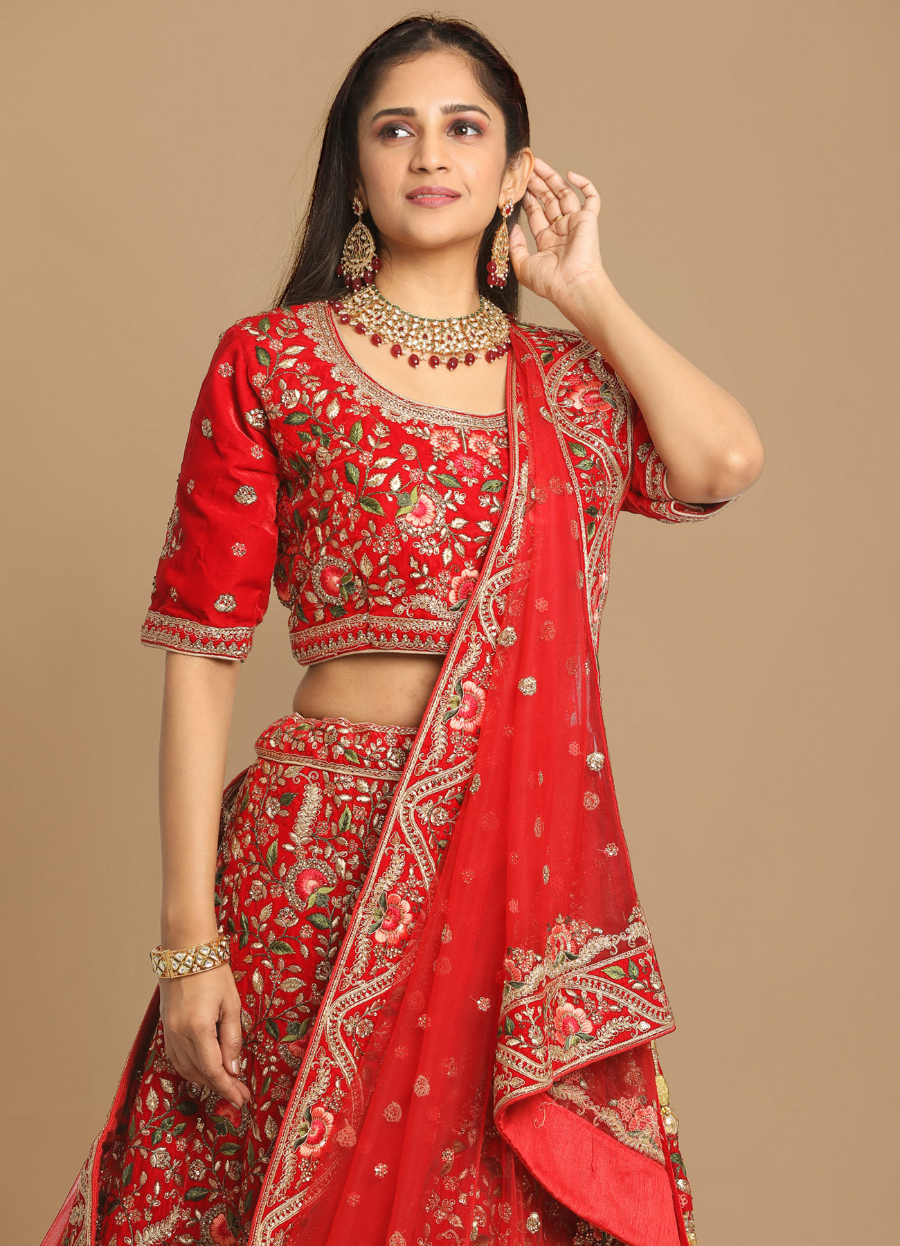 Mohey Women Red Floral Embroidered Bridal Lehenga