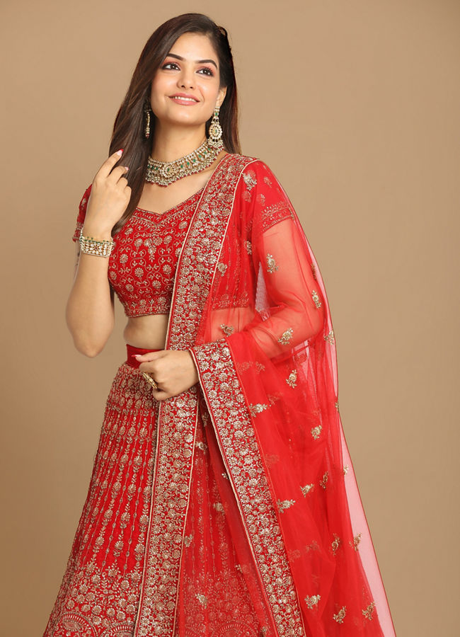 alt message - Mohey Women Royal Red Lehenga image number 1