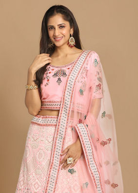 alt message - Mohey Women Light Pink Georgette Lehenga image number 1