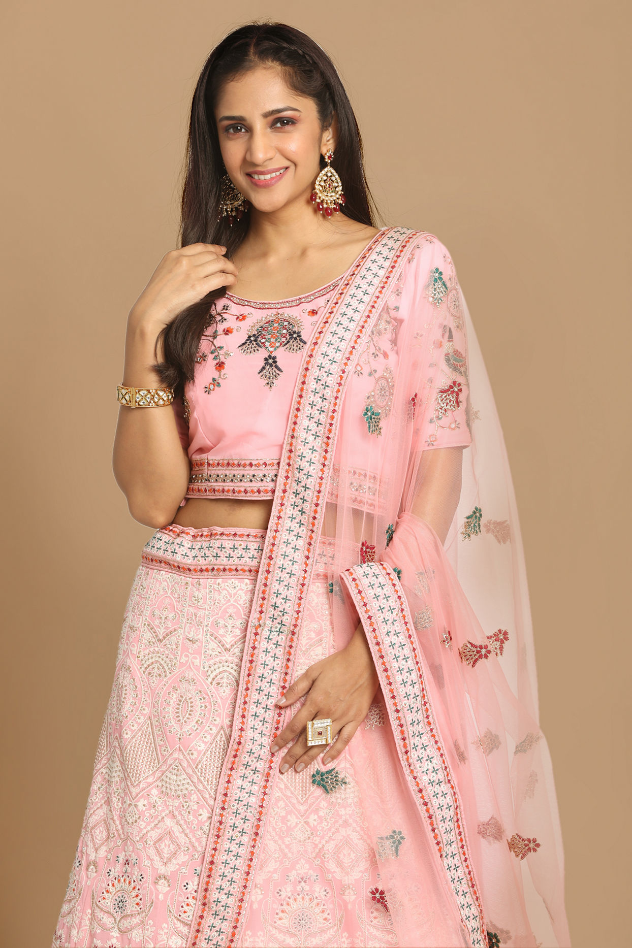 alt message - Mohey Women Light Pink Georgette Lehenga image number 1