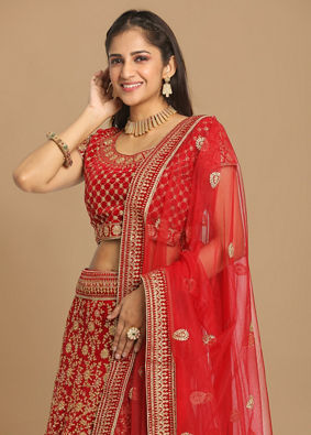 alt message - Mohey Women Red Zari Embroidered Lehenga image number 1